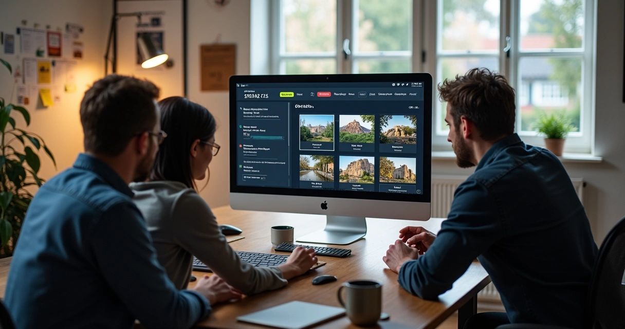 Equipe de fotografia analisando fotos em computador com sistema automatizado