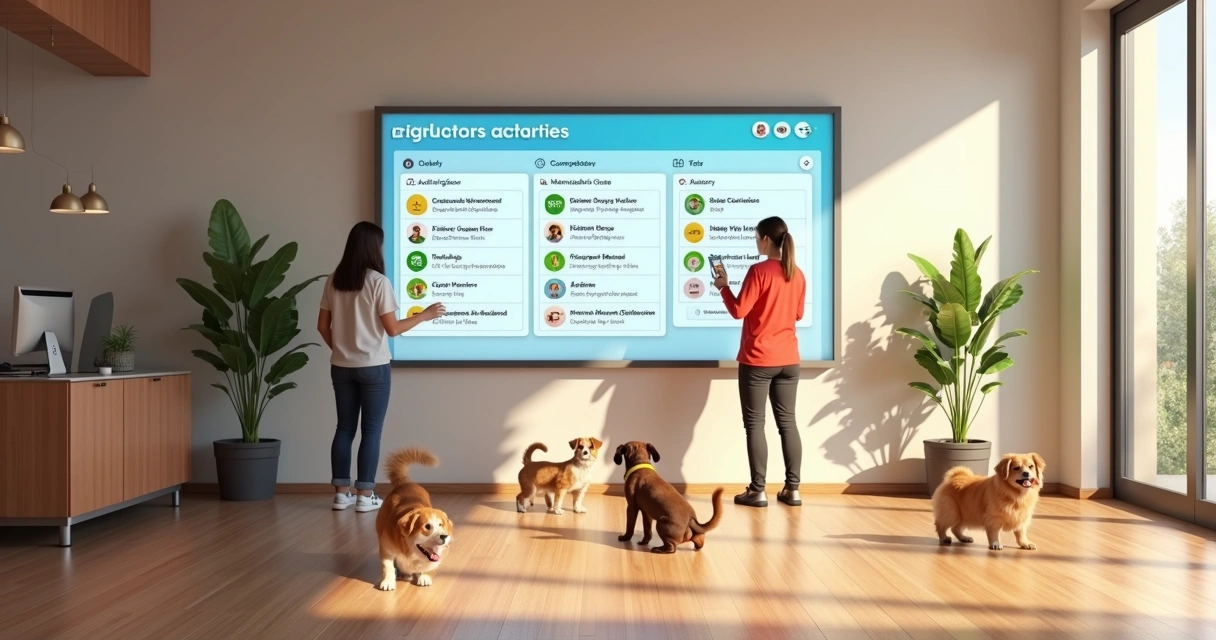 Painel digital com agenda de pets e equipe cuidando dos animais