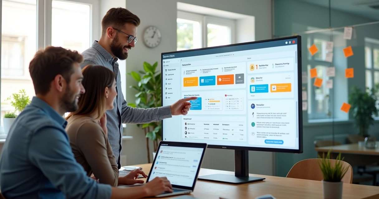 Equipe de RH em pequena empresa monitorando painel de automação no computador 