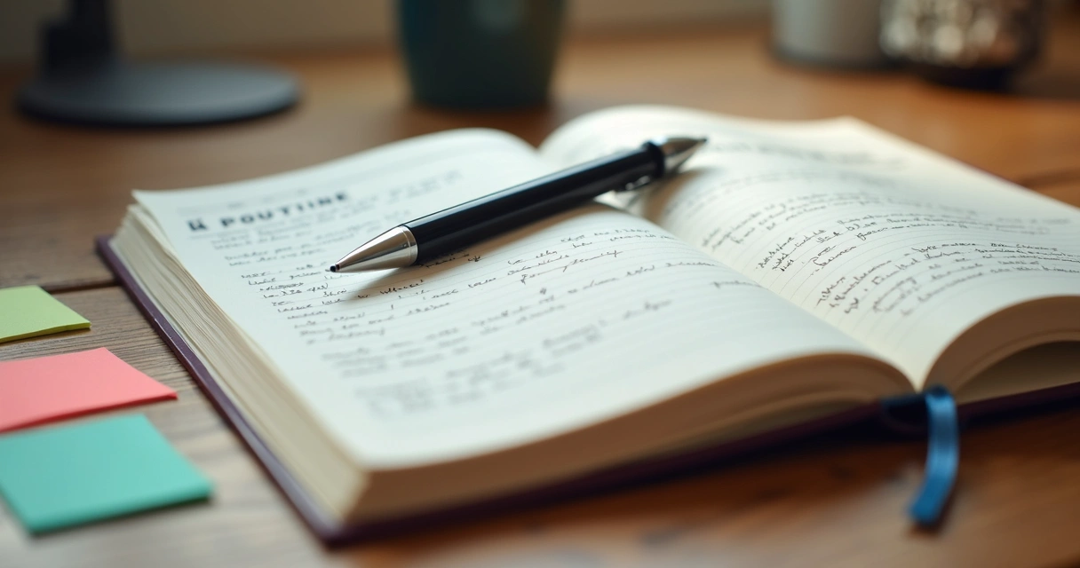 Caderneta aberta com anotações sobre rotina e emoções ao lado de uma caneta 