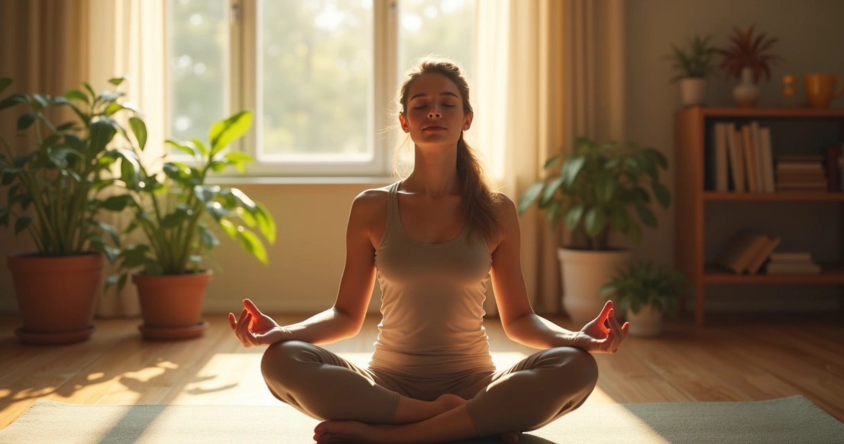 Pessoa sentada em posição de meditação em um ambiente calmo com luz suave 