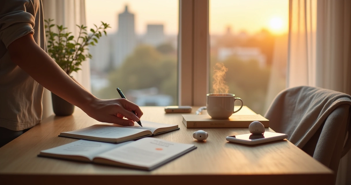 Pessoa ajustando pequenos elementos da rotina matinal em uma mesa organizada 