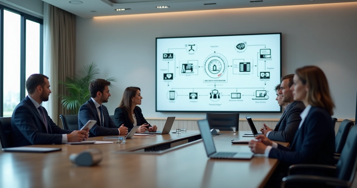 Sala de reunião moderna de escritório jurídico com advogados usando tablets e notebooks 