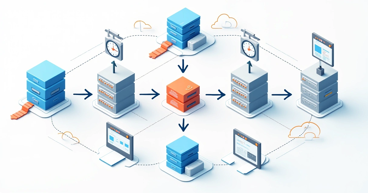 Ilustração de um ciclo de rotina de backup de banco de dados, com setas indicando backups diários, semanais e mensais, incluindo servidores físicos e nuvem 