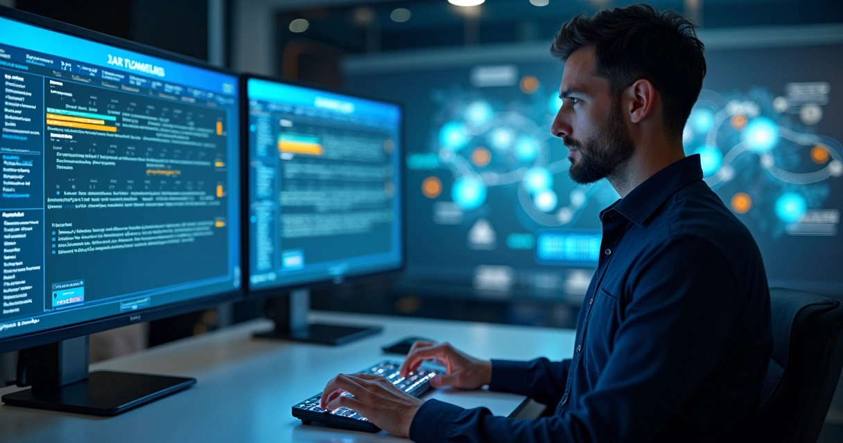Técnico de TI programando rotina de backup em painel digital 