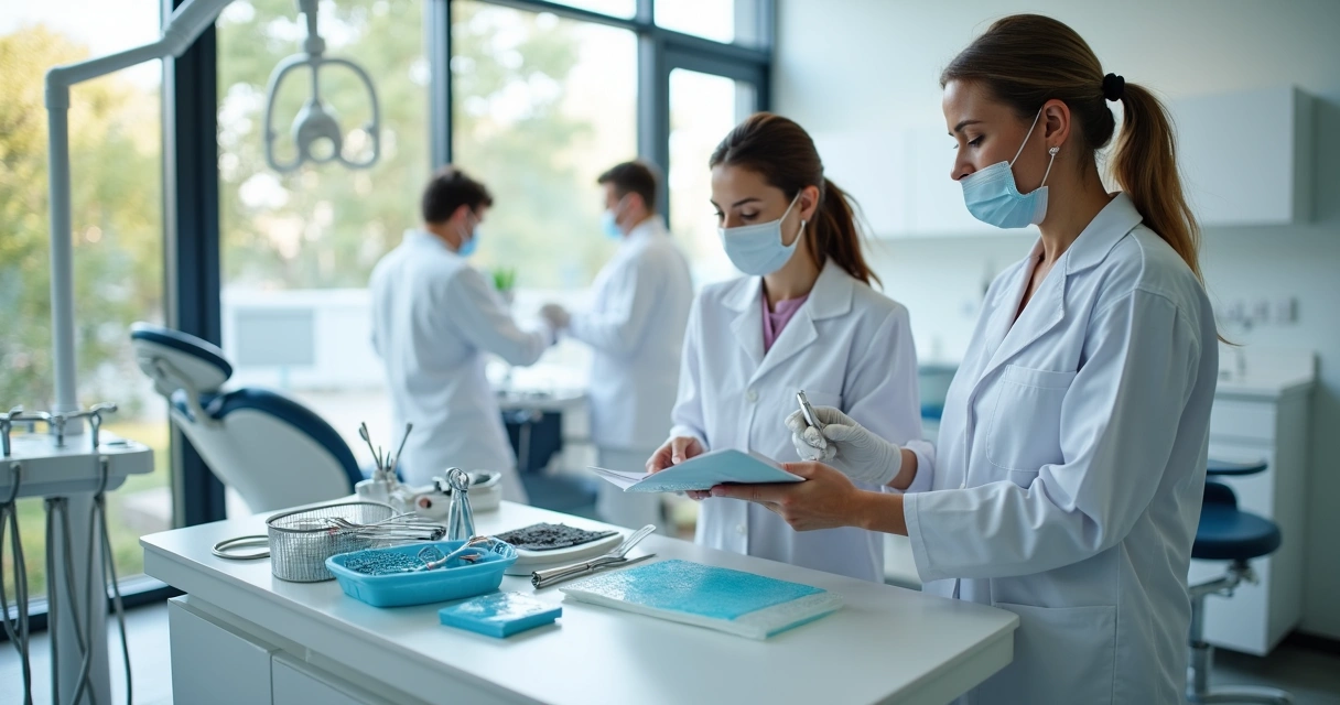 Equipe de clínica odontológica organizando instrumentos em ambiente limpo e moderno 