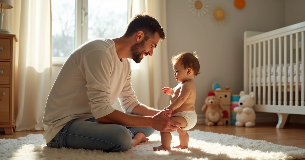Pai conversa com bebê em fralda durante troca, mostrando rotina e cuidado. 