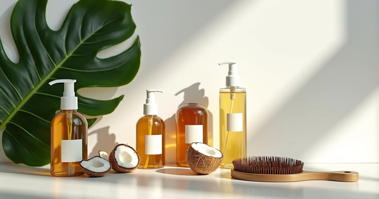 Frascos de produtos capilares naturais e veganos sobre bancada branca 