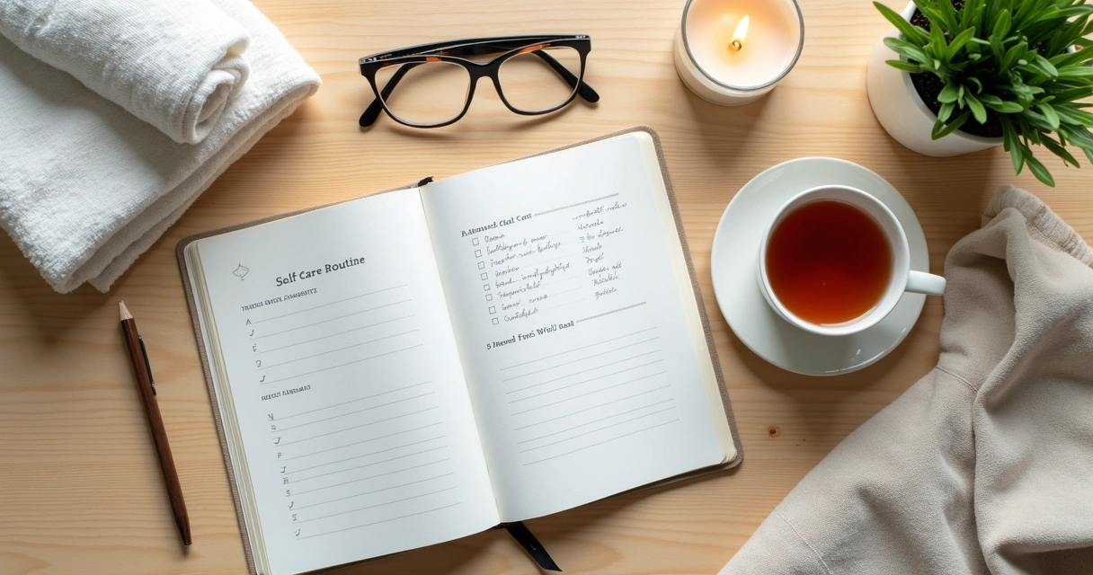 Caderno com planejamento de autocuidado, chá e vela em mesa clara