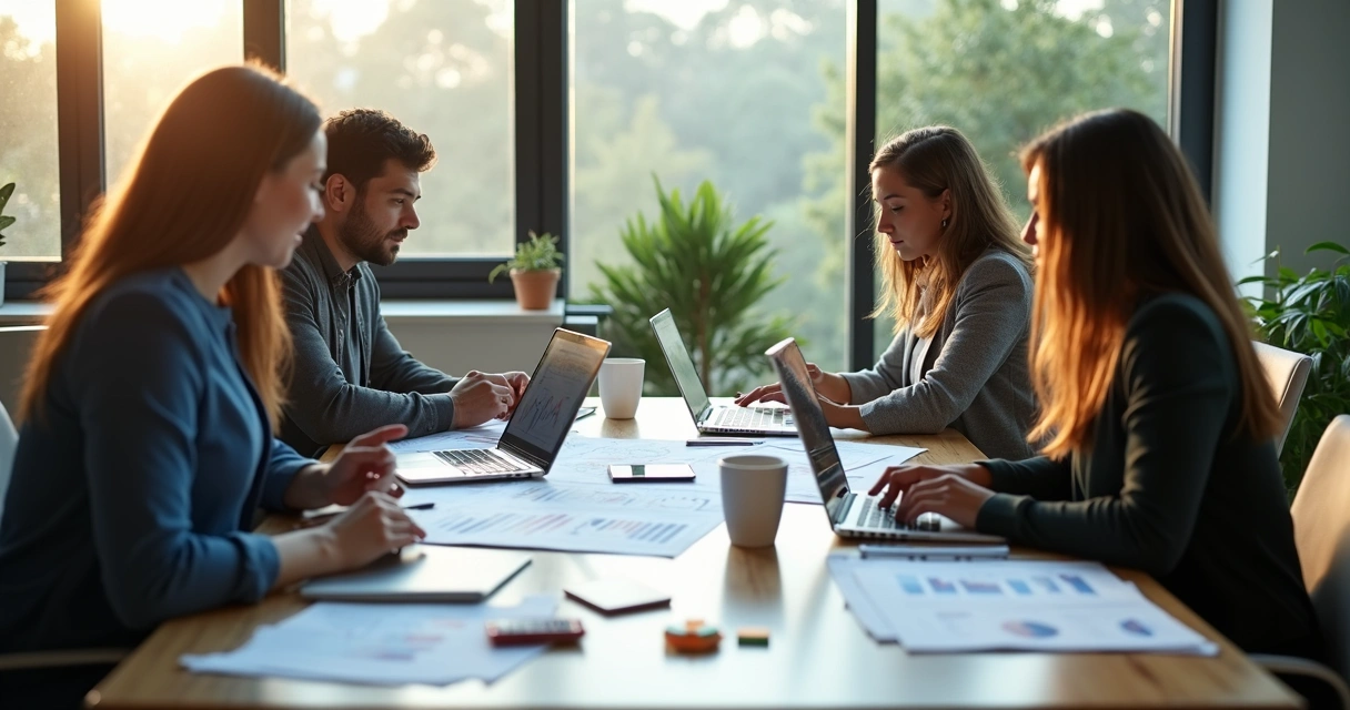 Ambiente de BPO financeiro com equipe analisando planilhas 