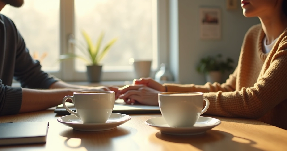 Mesa de café com duas pessoas conversando em casa 