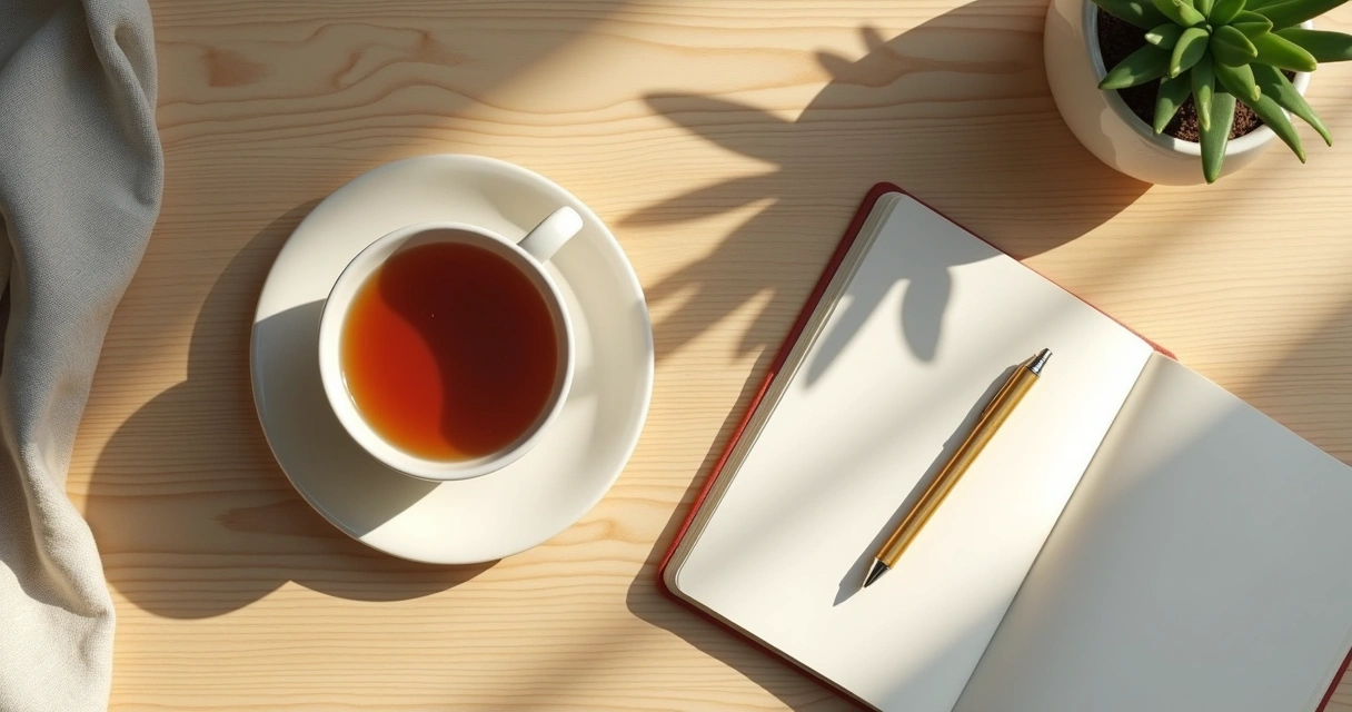 Mesa com chá, caderno e luz suave de manhã 