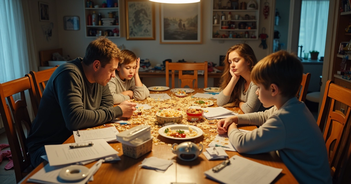 Família sentada em mesa bagunçada, com expressão de cansaço e confusão, ambiente desorganizado 
