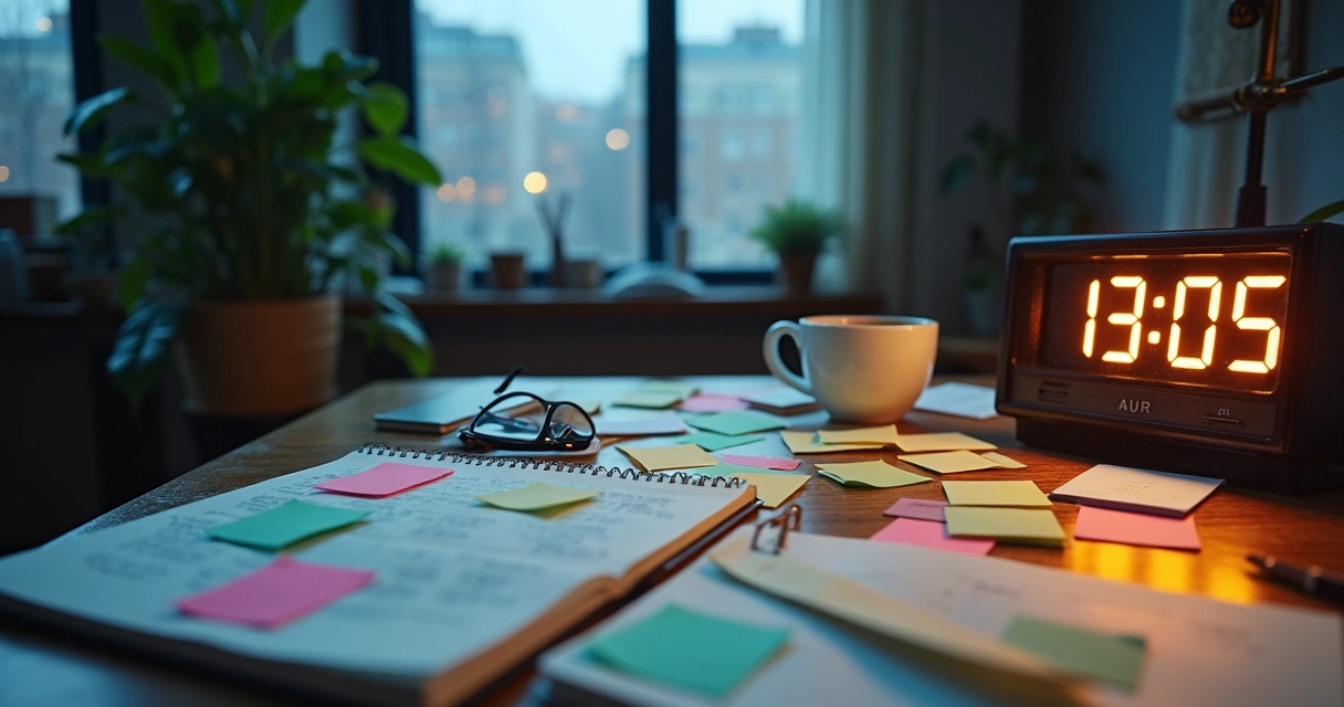 Uma mesa de trabalho bagunçada com papéis, café derramado e vários post-its coloridos 