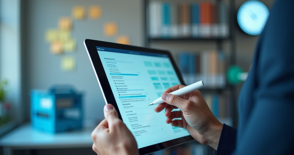 Gestor de TI analisando checklist digital de tablets