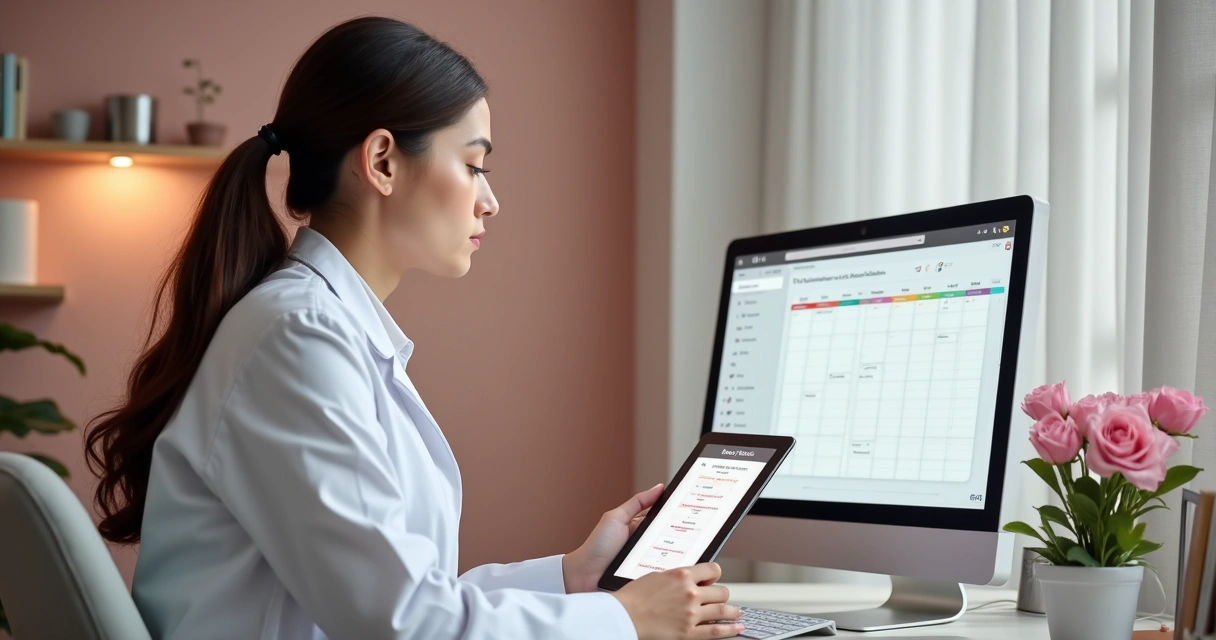 Profissional de beleza organizando agenda digital na clínica 