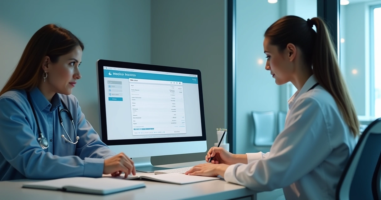 Recepcionista de clínica médica digitando dados para emissão de nota fiscal em computador ao lado de paciente 