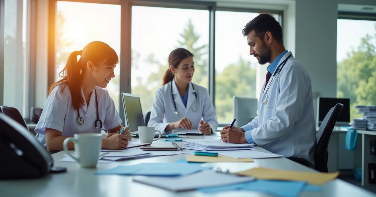 Equipe de clínica odontológica preenchendo papéis em recepção