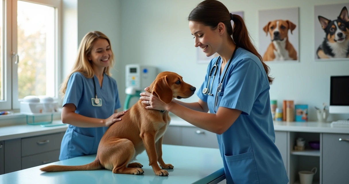 Veterinária examinando cachorro em consultório, equipe ao fundo