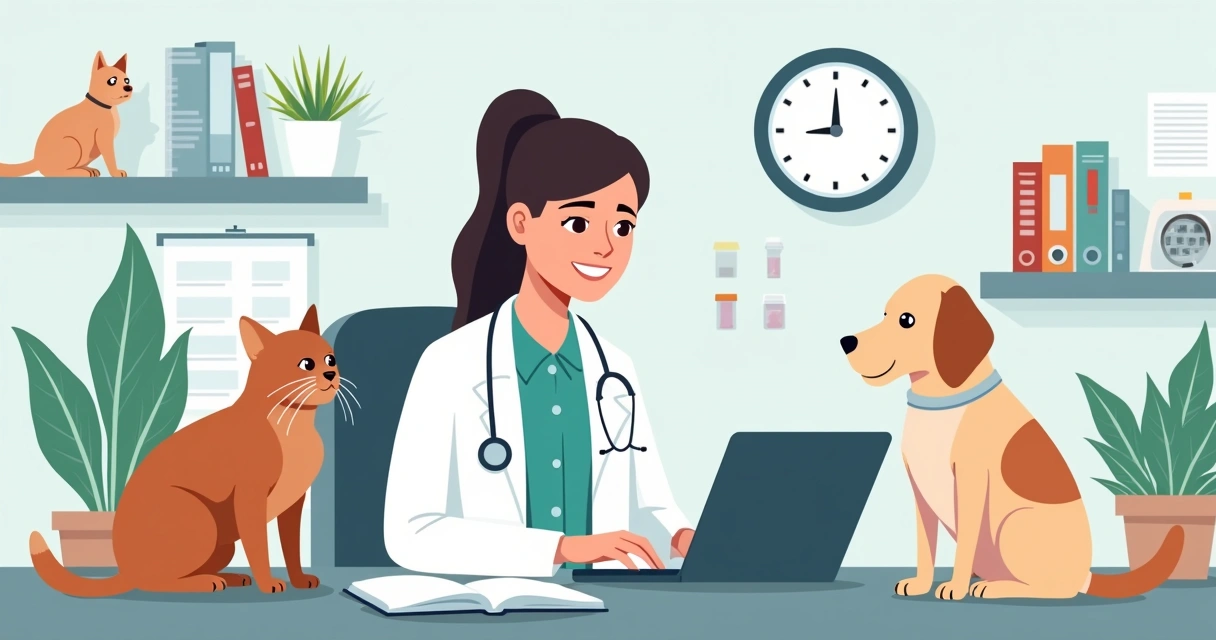 Veterinário anotando atendimento com notebook e animais em consultório 