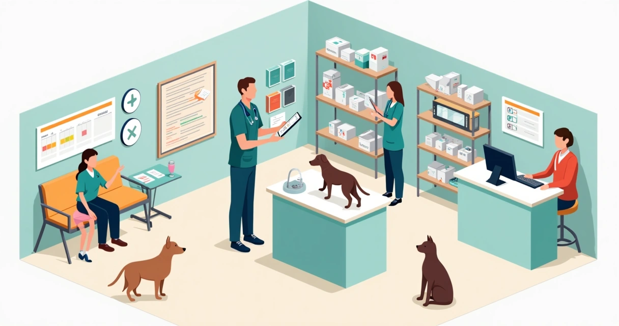 Veterinário organizando rotina da clínica com pacientes e tecnologia integrada 