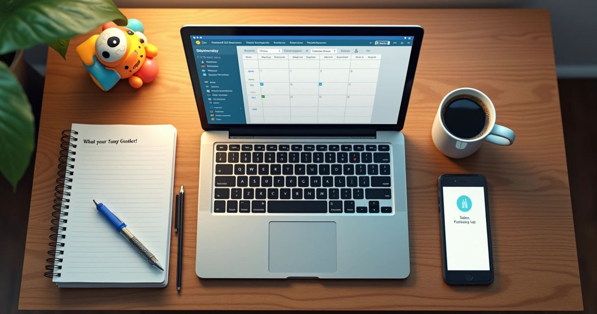 Agenda de trabalho com notebook, café e brinquedo infantil 