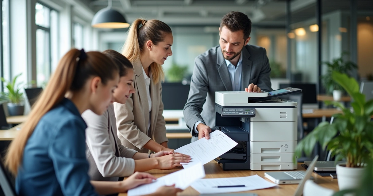 Colaboradores usando multifuncional em escritório moderno