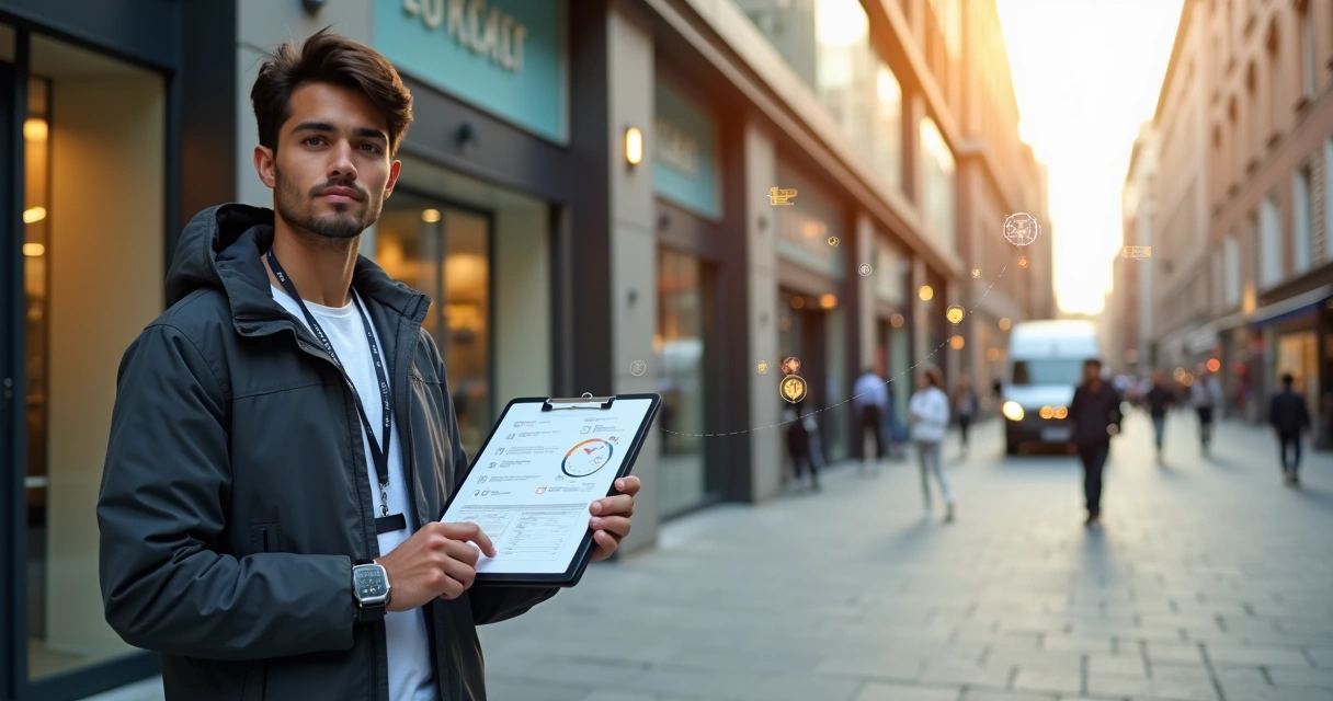 Analista em campo usa tablet para registrar dados em visita a empreendimento comercial 