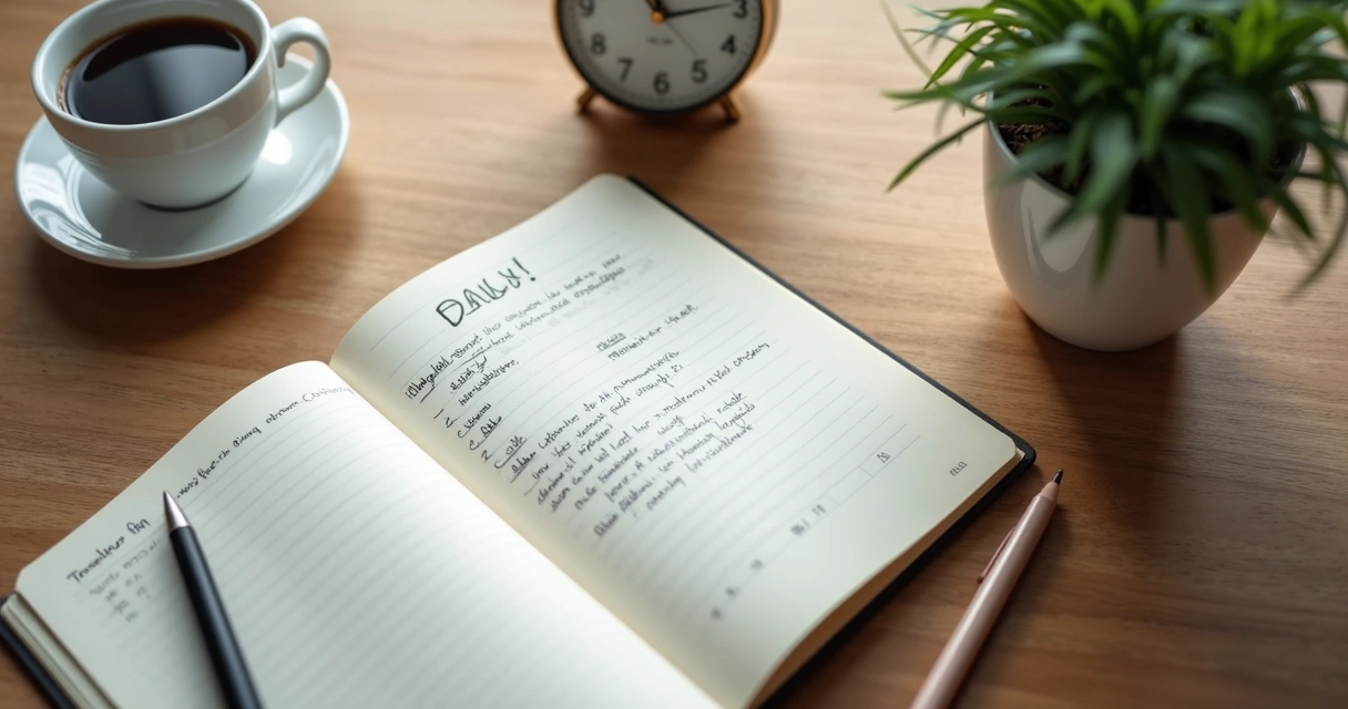 Caderno aberto com planejamento diário ao lado de café e relógio 