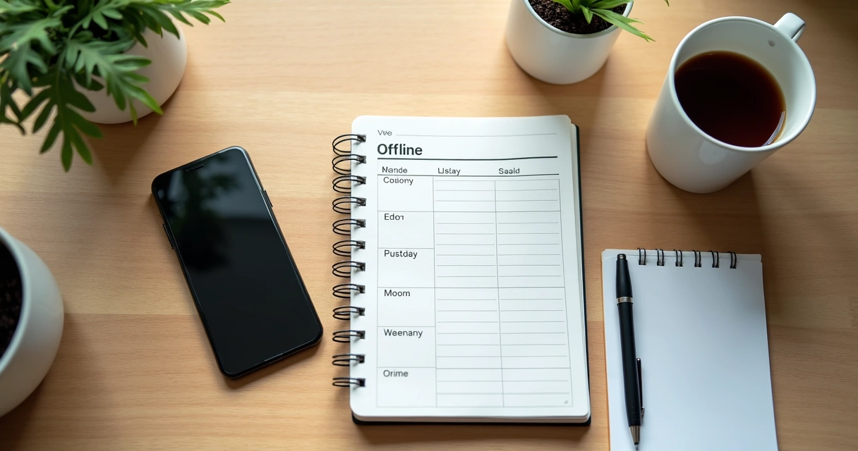 Mesa organizada com celular virado para baixo, caderno e xícara de café