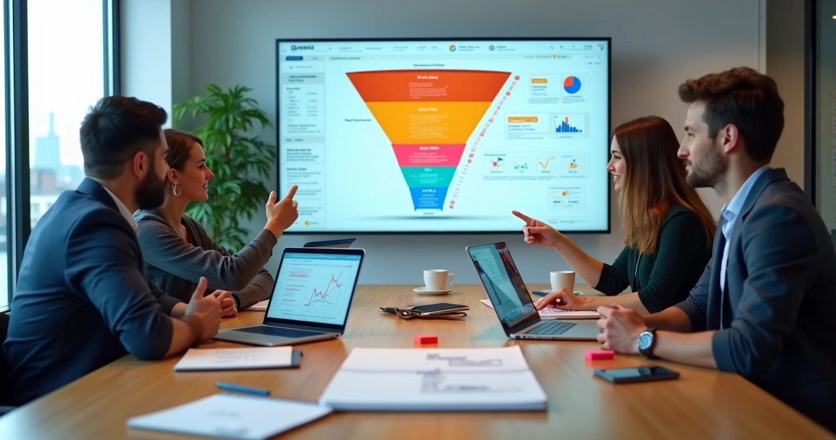Equipe de agência digital analisando funil de vendas em painel com gráficos 
