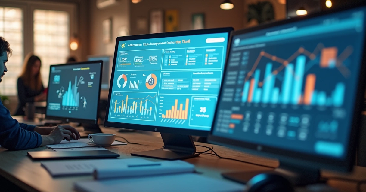 Painel de controle digital com gráficos e ícones de automação juntos. 