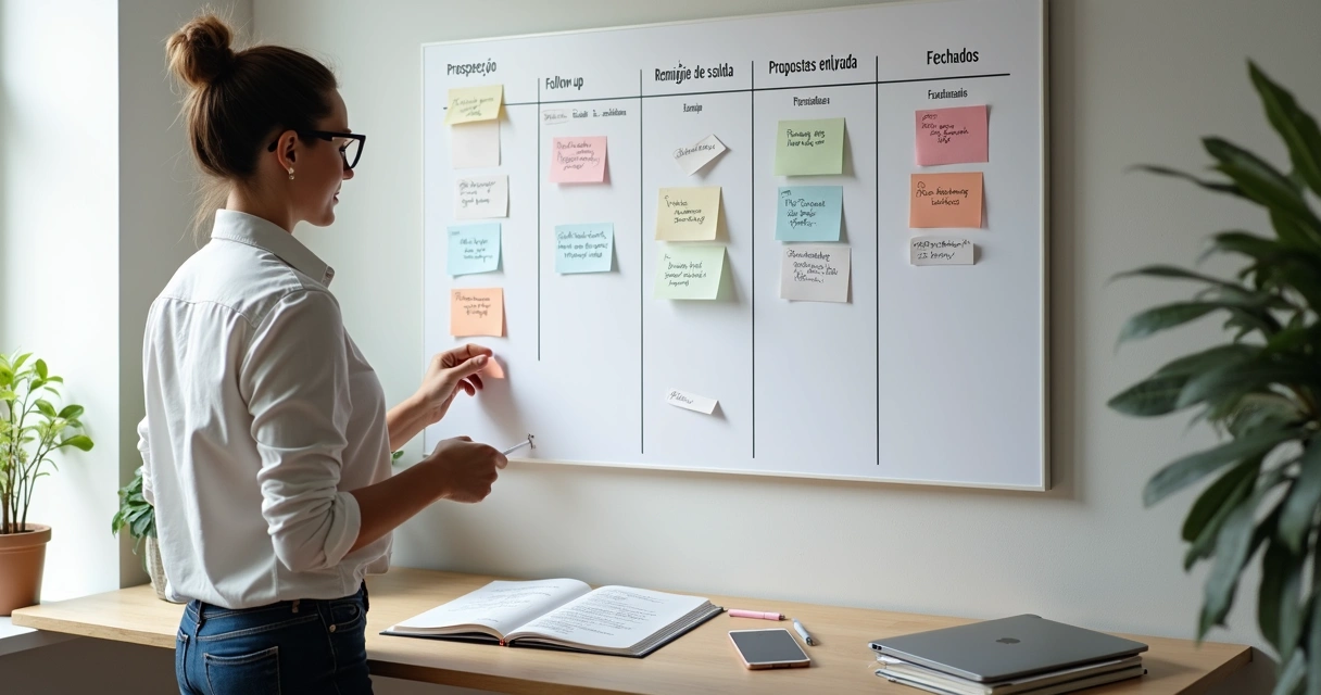 Profissional organiza quadro de rotina comercial com cartões de atividades e metas de vendas 