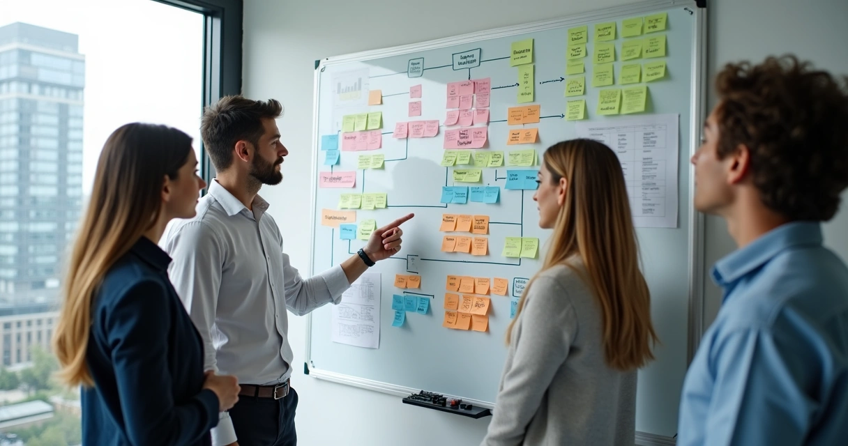 Equipe de BPO reunida em sala de reuniões com quadro de vendas 