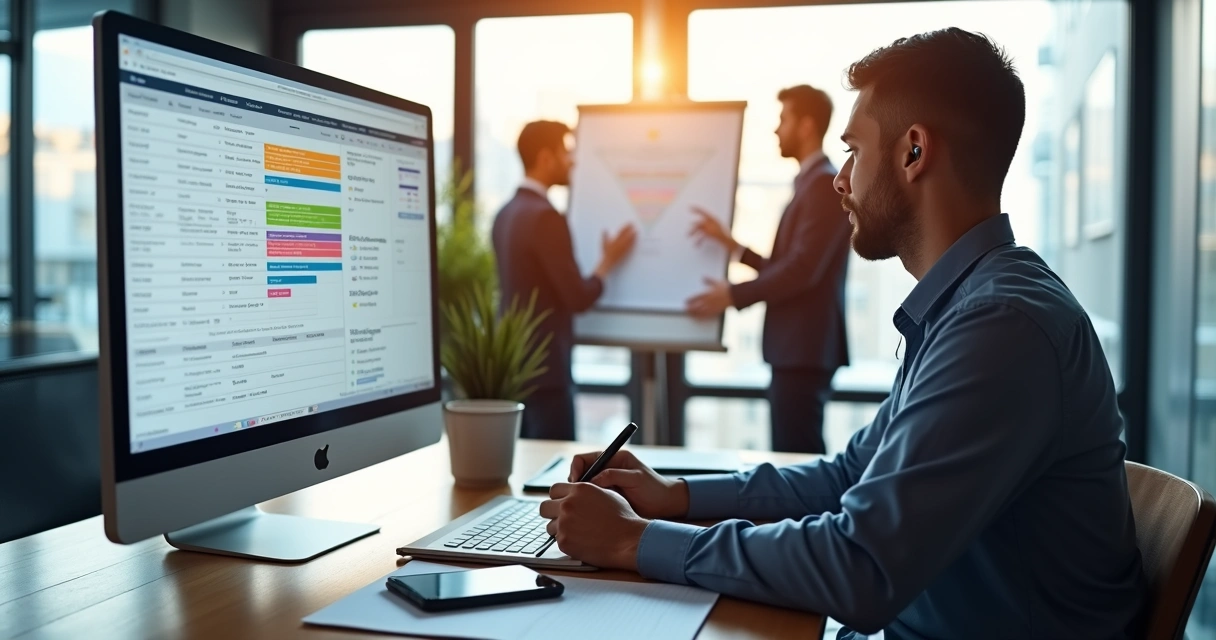 Profissional de vendas organizando rotina comercial diária em frente ao computador 