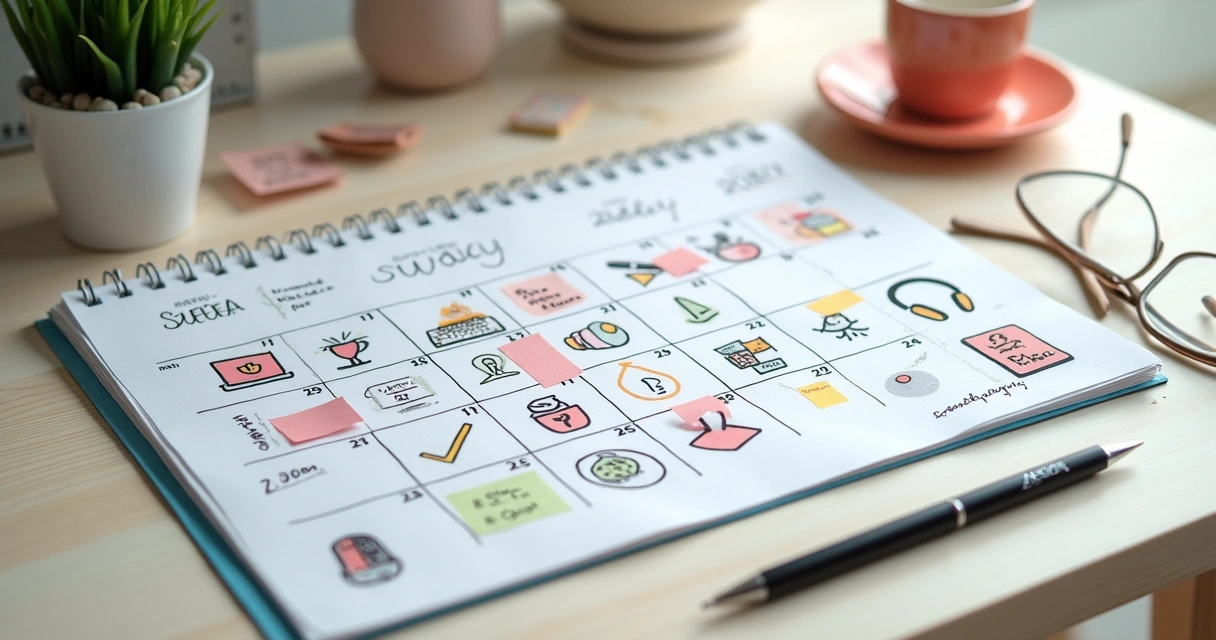 Calendário colorido com diferentes atividades desenhadas 
