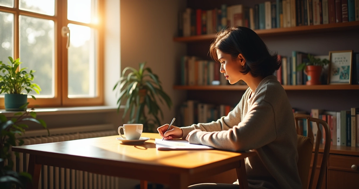 Pessoa sentada em mesa com caderno, refletindo sozinha em ambiente iluminado 