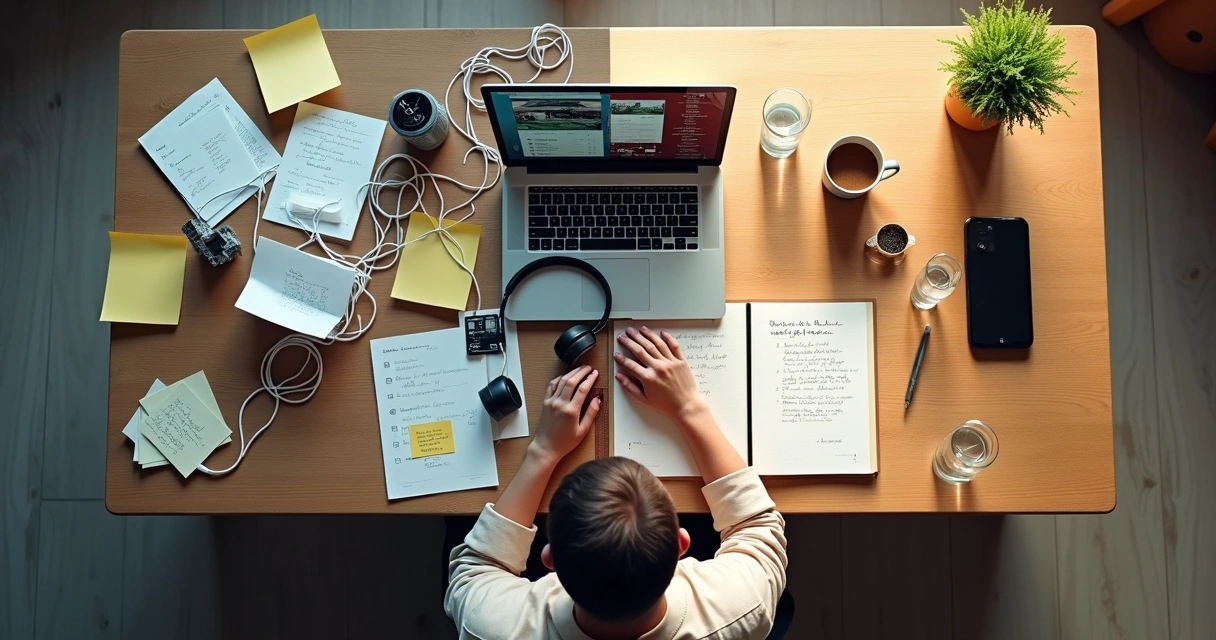 Profissional em mesa de trabalho dividida entre caos e organização consciente 