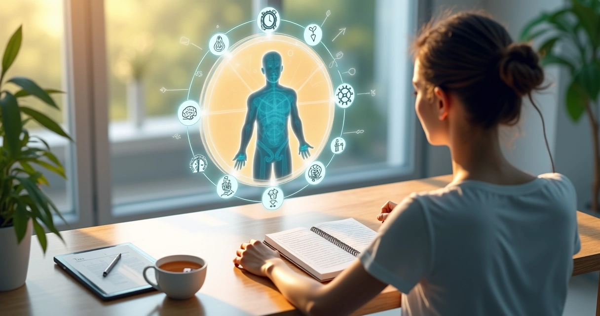 Pessoa de perfil observando um fluxo de ícones conectando mente, corpo e rotina diária 