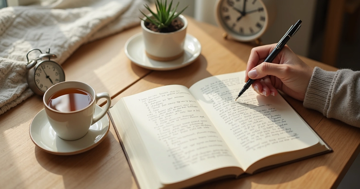 Pessoa escrevendo reflexões em um caderno ao lado de chá e luz suave