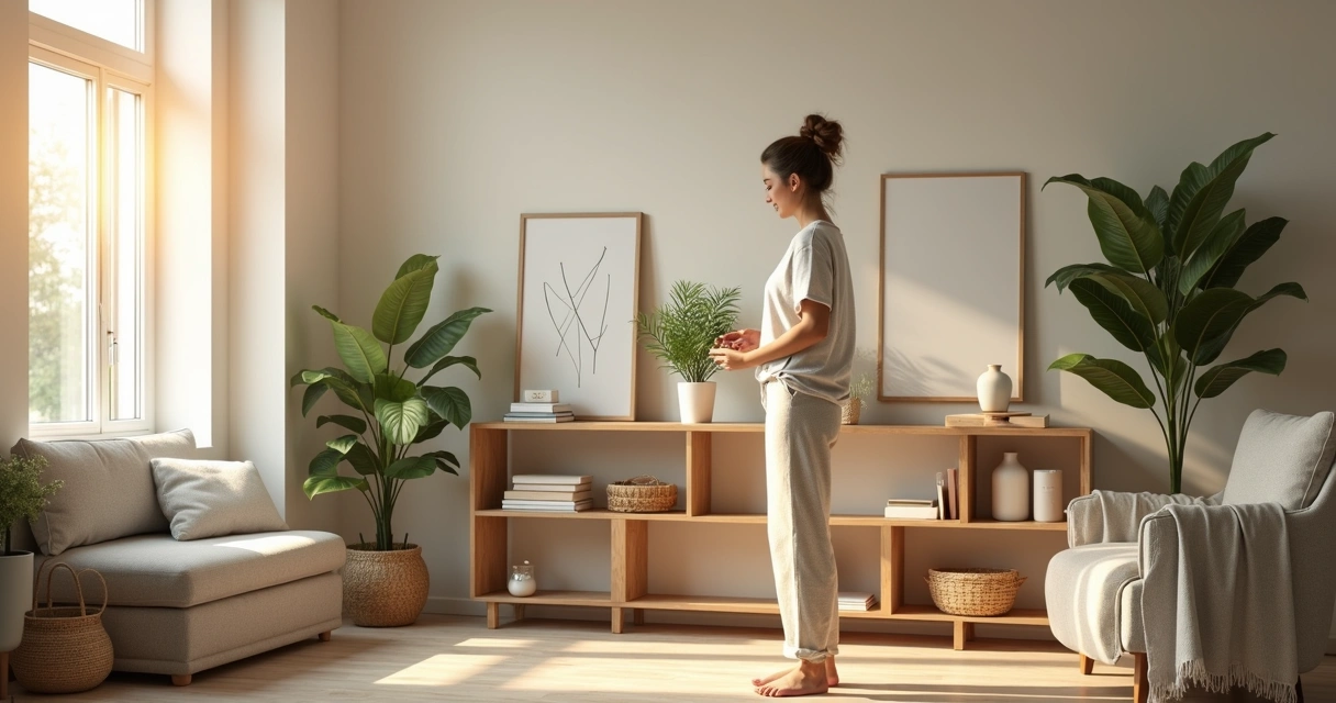 Pessoa arrumando plantas e objetos em estante de sala organizada e iluminada 
