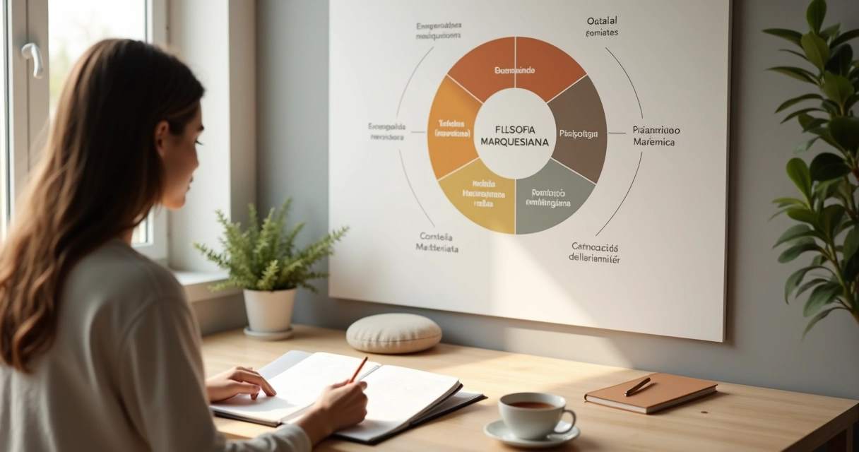 Pessoa escrevendo rotina consciente diante de painel com cinco pilares em ambiente calmo 