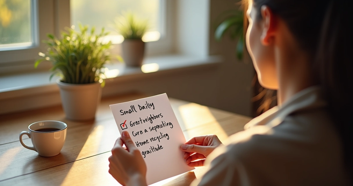 Pessoa sentada à mesa ao amanhecer revisando uma lista de pequenos hábitos matinais