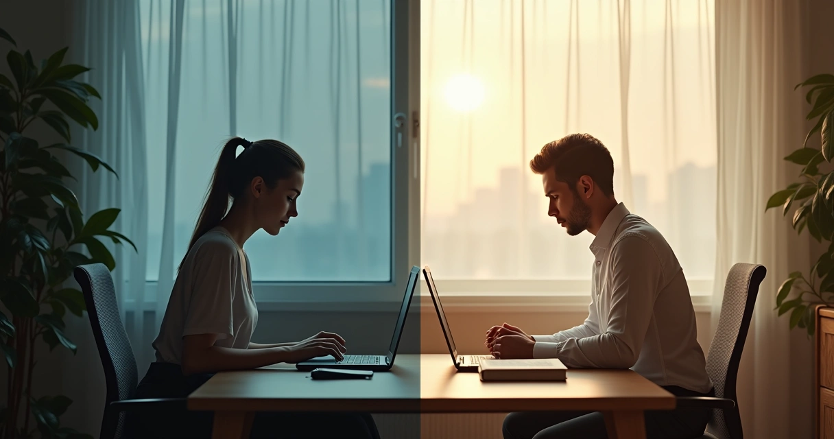 Pessoa dividida entre tarefas de trabalho automatizadas e momento relax