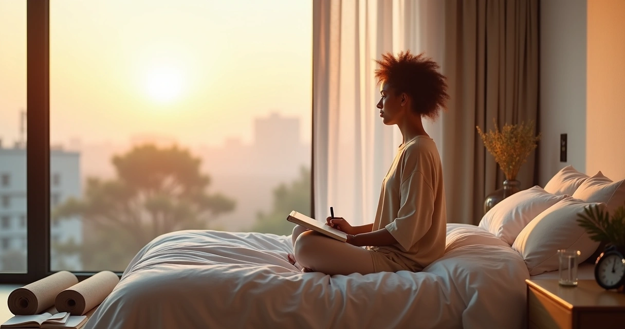 Pessoa sentada na cama ao amanhecer planejando uma rotina consciente em um caderno 