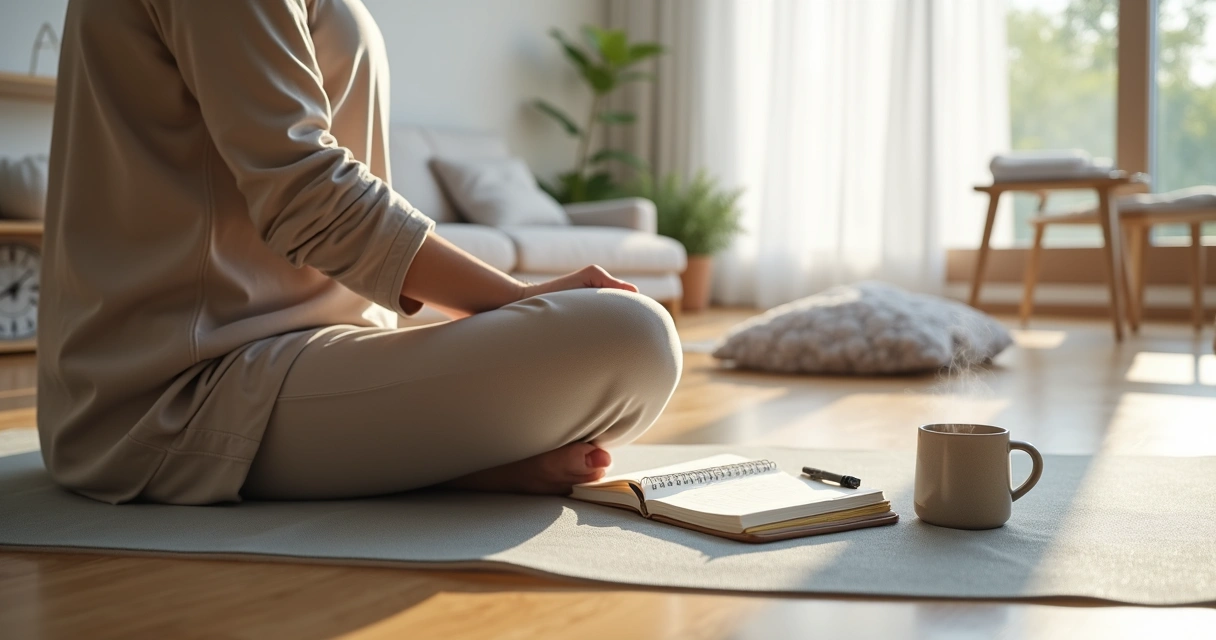Pessoa sentada em tapete de yoga escrevendo em caderno ao lado de xícara de chá e relógio 