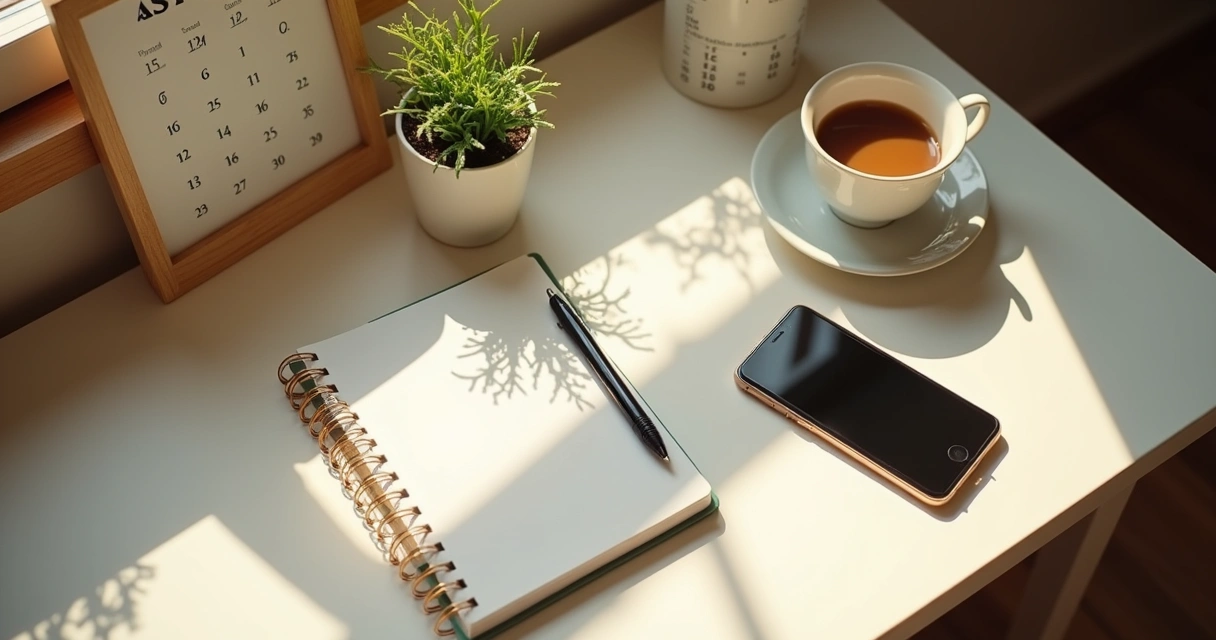 Mesa de trabalho organizada com caderno, caneta, café e planta pequena 
