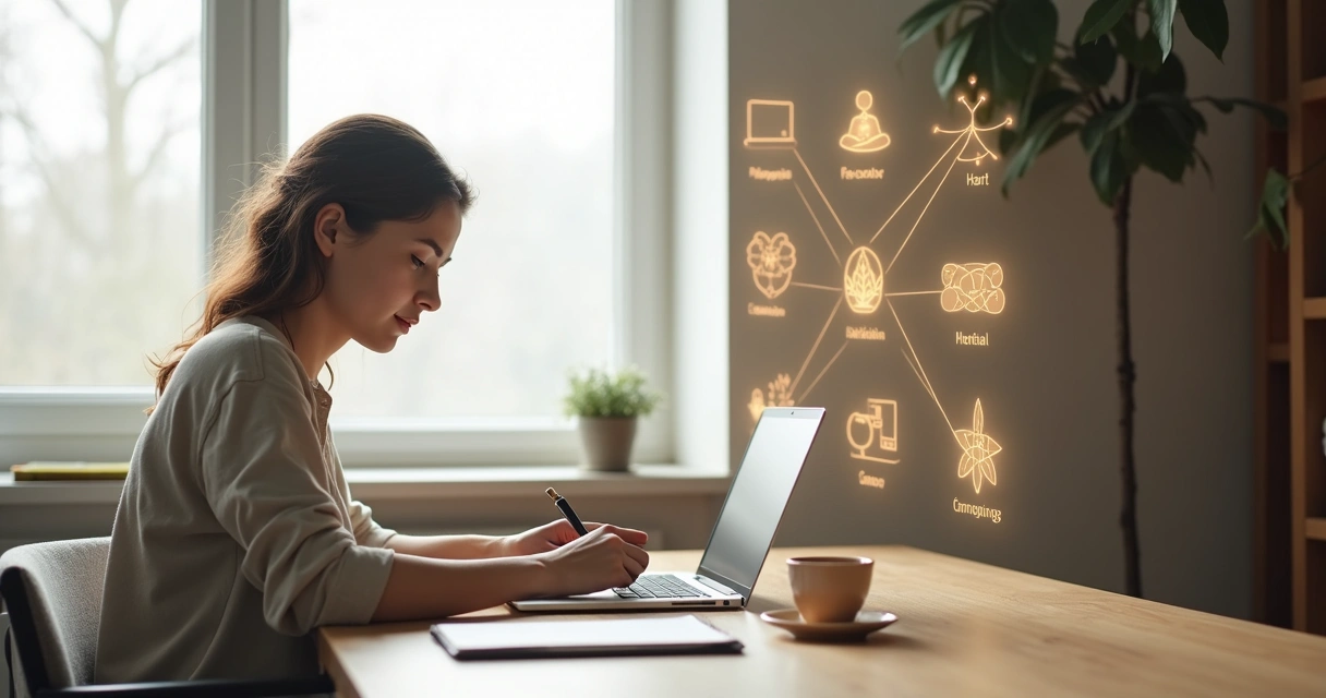 Pessoa sentada em mesa minimalista organizando rotina com símbolos de cinco pilares ao redor 