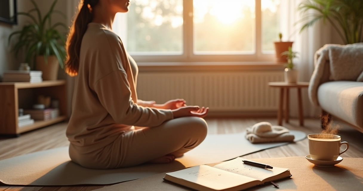 Pessoa sentada em tapete de yoga em sala iluminada organizando uma rotina saudável em caderno 