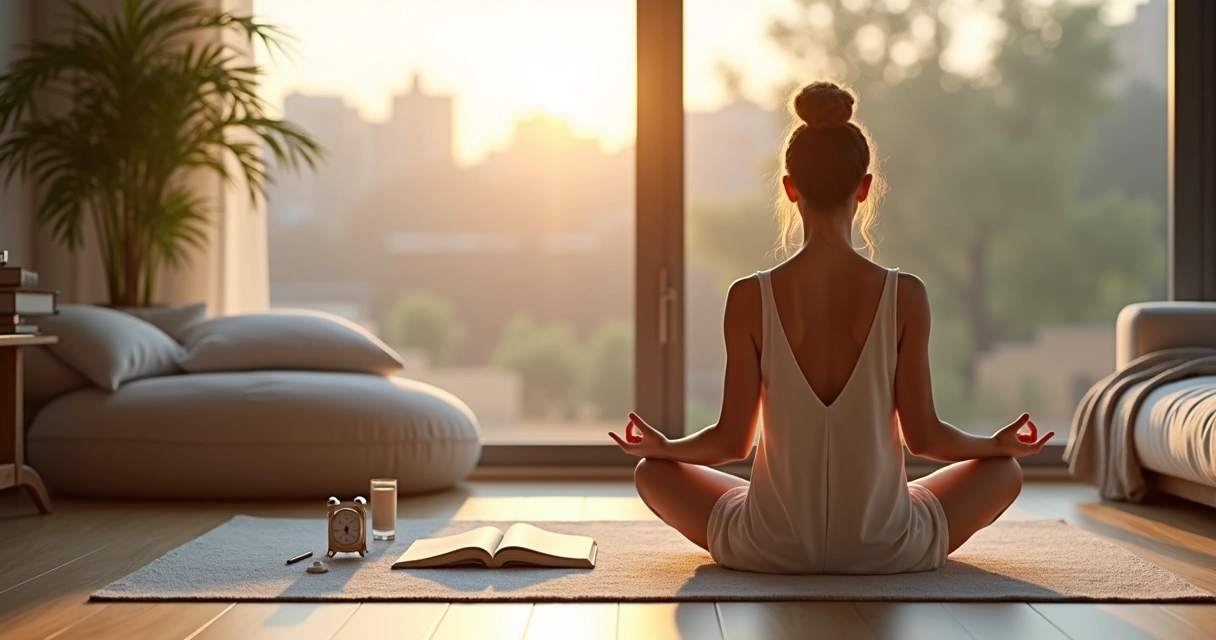 Pessoa meditando ao amanhecer com caderno de anotações ao lado 